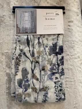 Cream Botanical Two Rod Pocket Curtain Panel - Blue & Taupe